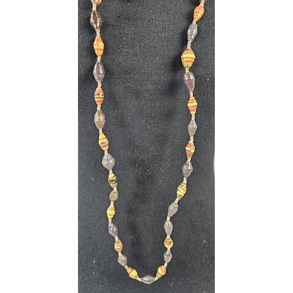 Vintage Handmade Paper Bead Necklace & Bracelet Set Boho Hippie Orange Brown 42" - Picture 3 of 6